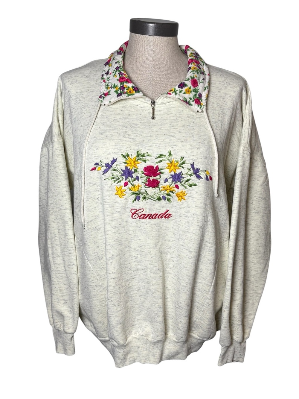 Vintage Cityscape Canada Floral Embroidered Quarter Zip Sweatshirt L Pullover